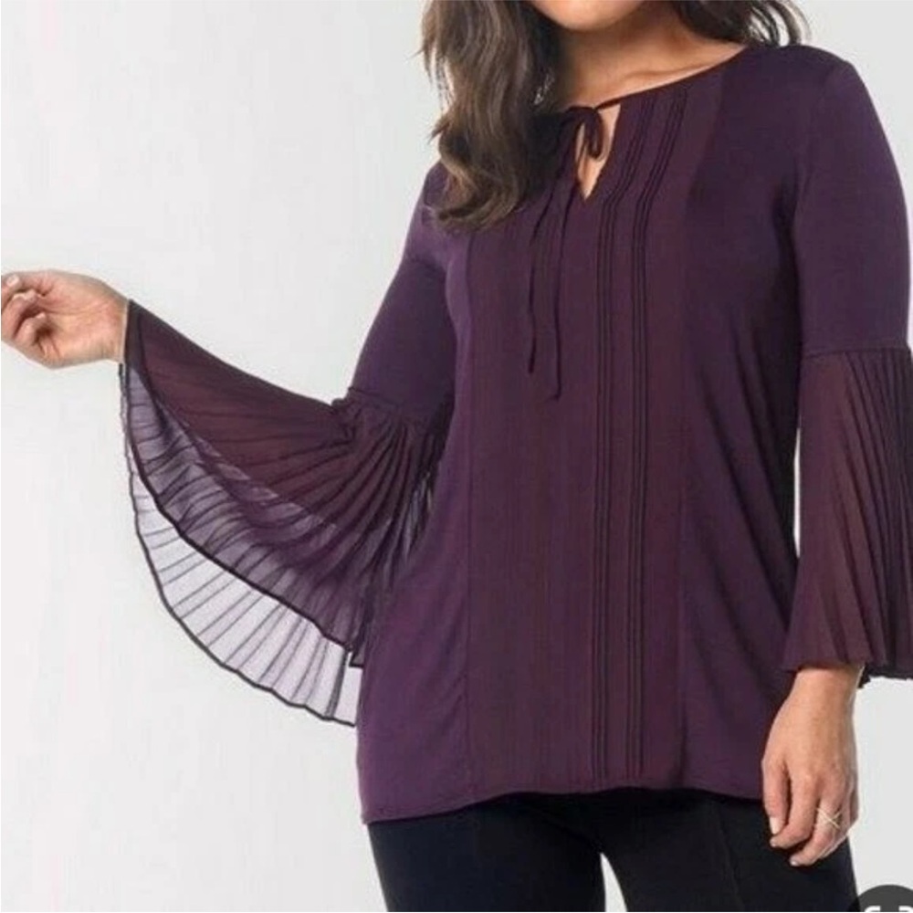 Ruby Ribbon Plum Boho Blouse Bell Sleeves‎ Pleated Sz L